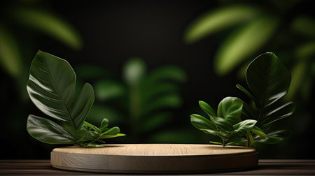 podium for product stand with plant background and cinematic light, front view, minimalist designの素材