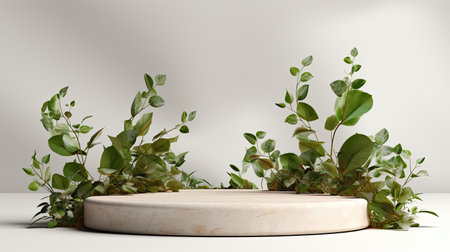 podium design for product display or product stand with leaf ornaments and minimalist backgroundの素材