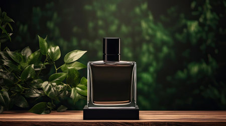 perfume bottle on wooden table with plant background for mockup designの素材