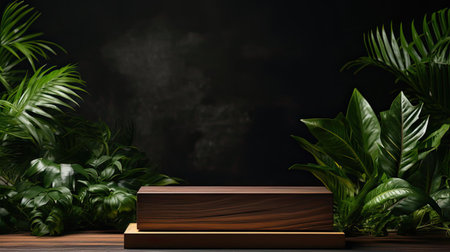 podium for product stand with plant background and cinematic light, front view, minimalist designの素材