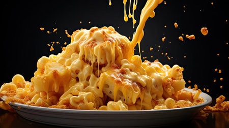 macaroni full of melted cheese sprinkled with savory herbs on a black and blurred backgroundの素材