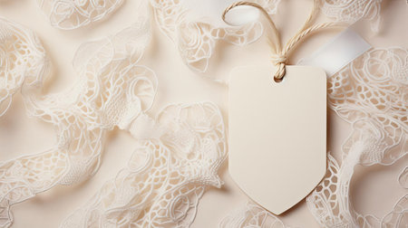 white blank tag with a rope for mockup on cream color backgroundの素材
