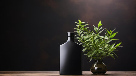 perfume bottle on wooden table with plant background for mockup designの素材
