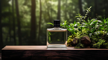 perfume bottle on wooden table with plant background for mockup designの素材