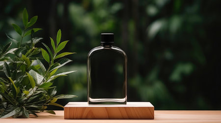 perfume bottle on wooden table with plant background for mockup designの素材