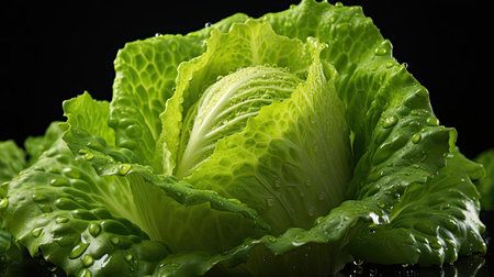 Fresh green lettuce splashed with water on a blurry black backgroundの素材