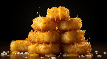Crispy tater tots with savory salty spices on wooden table with black and blur backgroundの素材