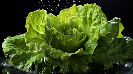 Fresh green lettuce splashed with water on a blurry black backgroundの素材