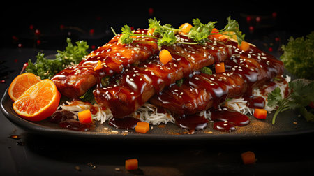 white rice with teriyaki beef and cut vegetables on a plate with black and blurry backgroundの素材