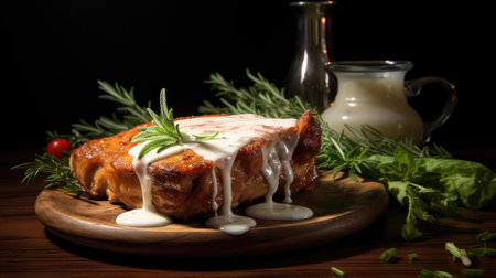 fried pork chops with melted mayonnaise on a plate, black background and blurの素材