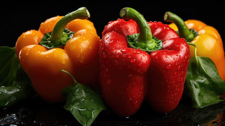 fresh bell peppers on a wooden table on a black backgroundの素材