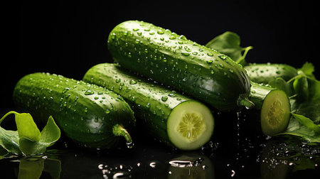 fresh green cucumber splashed with water on black and blurred backgroundの素材