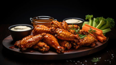 Buffalo wings with melted hot sauce on a wooden table with a blurred backgroundの素材