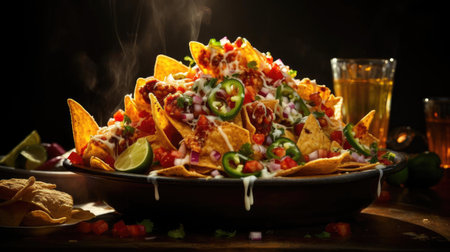 Nachos full of chunks of vegetables with with mayonnaise sauce on black blurred backgroundの素材