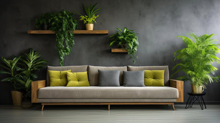 Modern living room interior with sofa and green leaf ornament and minimalist designの素材