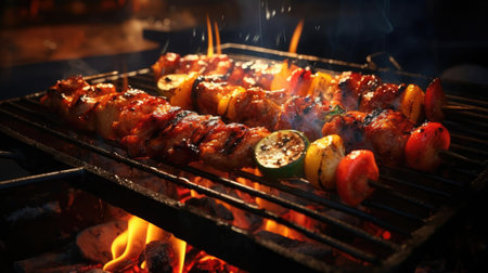 grilled barbeque with melted barbeque sauce and cut vegetables, blur backgroundの素材