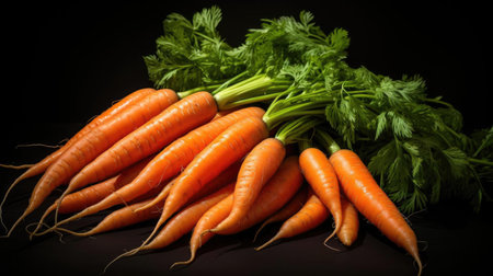 bunch of fresh carrots on a wooden table on a black backgroundの素材