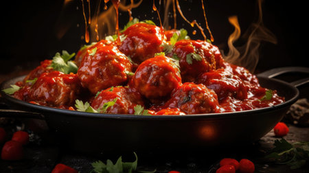 meatballs with melted tomato sauce on a bowl with a black background and blurの素材