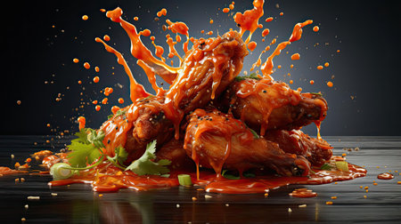 Buffalo wings with melted hot sauce on a wooden table with a blurred backgroundの素材
