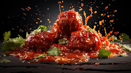 meatballs with melted tomato sauce on a bowl with a black background and blurの素材