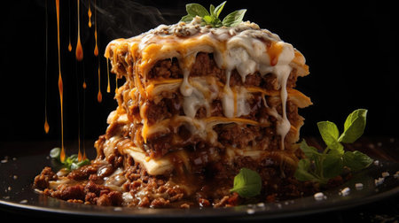 lasagna with melted white cheese on wooden table with black and blurry backgroundの素材