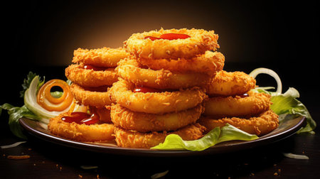 crispy onion rings with sweet sauce on wooden table with black and blur backgroundの素材