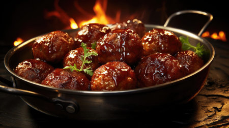 meatballs with melted tomato sauce on a bowl with a black background and blurの素材