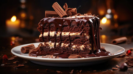 chocolate cake with melted sweet chocolate and pieces of fruit on a plate with a blurred backgroundの素材