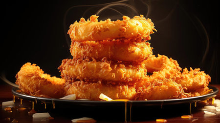 crispy onion rings with sweet sauce on wooden table with black and blur backgroundの素材
