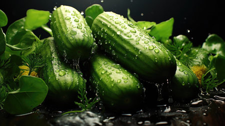 fresh green cucumber splashed with water on black and blurred backgroundの素材