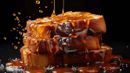 french toast with melted maple syrup and fruit topping on it, black background and blurの素材