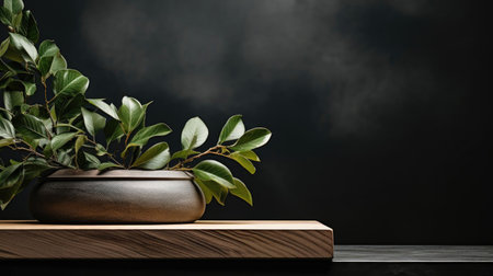 podium for product stand with plant background and cinematic light, front view, minimalist designの素材