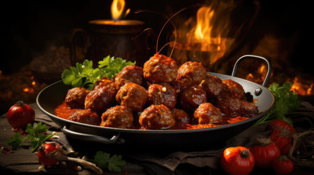 meatballs with melted tomato sauce on a bowl with a black background and blurの素材