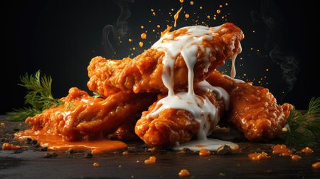 Buffalo wings with melted hot sauce on a wooden table with a blurred backgroundの素材