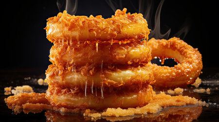 crispy onion rings with sweet sauce on wooden table with black and blur backgroundの素材