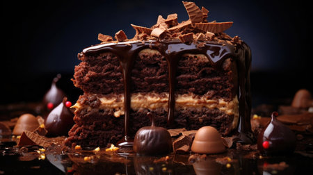 chocolate cake with melted sweet chocolate and pieces of fruit on a plate with a blurred backgroundの素材