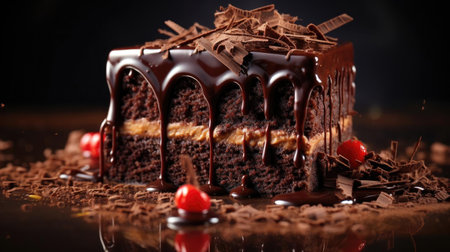 chocolate cake with melted sweet chocolate and pieces of fruit on a plate with a blurred backgroundの素材