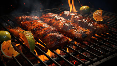 grilled barbeque with melted barbeque sauce and cut vegetables, blur backgroundの素材