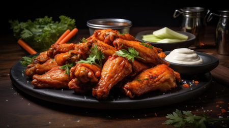 Buffalo wings with melted hot sauce on a wooden table with a blurred backgroundの素材