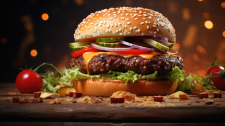 hamburger full of meat and vegetables and melted mayonnaise on a wooden table and blurred backgroundの素材