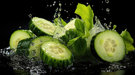 fresh green cucumber splashed with water on black and blurred backgroundの素材