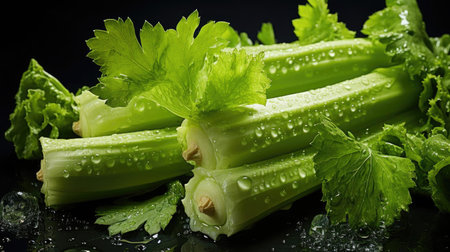 Flying Fresh green celery exposed to water splash on black background and blurの素材