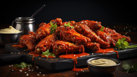 Buffalo wings with melted hot sauce on a wooden table with a blurred backgroundの素材