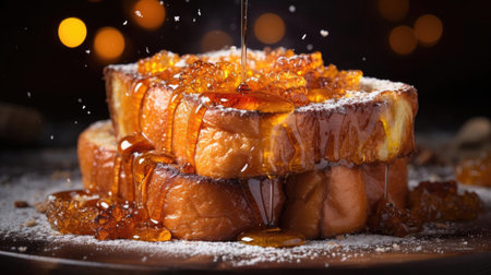 french toast with melted maple syrup and fruit topping on it, black background and blurの素材