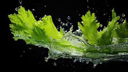 Flying Fresh green celery exposed to water splash on black background and blurの素材