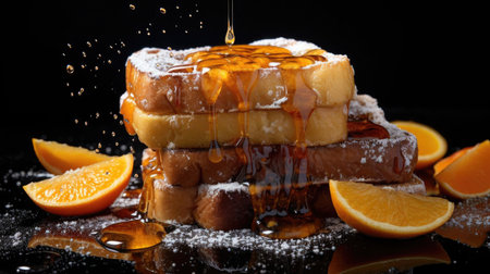 french toast with melted maple syrup and fruit topping on it, black background and blurの素材