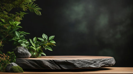 podium for product stand with plant background and cinematic light, front view, minimalist designの素材