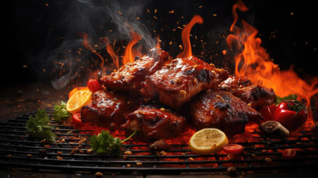 grilled barbeque with melted barbeque sauce and cut vegetables, blur backgroundの素材