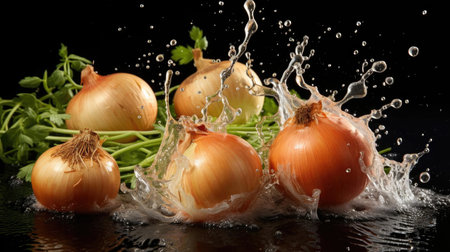 fresh onion splashed with water on black and blurred backgroundの素材