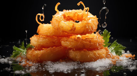 crispy onion rings with sweet sauce on wooden table with black and blur backgroundの素材